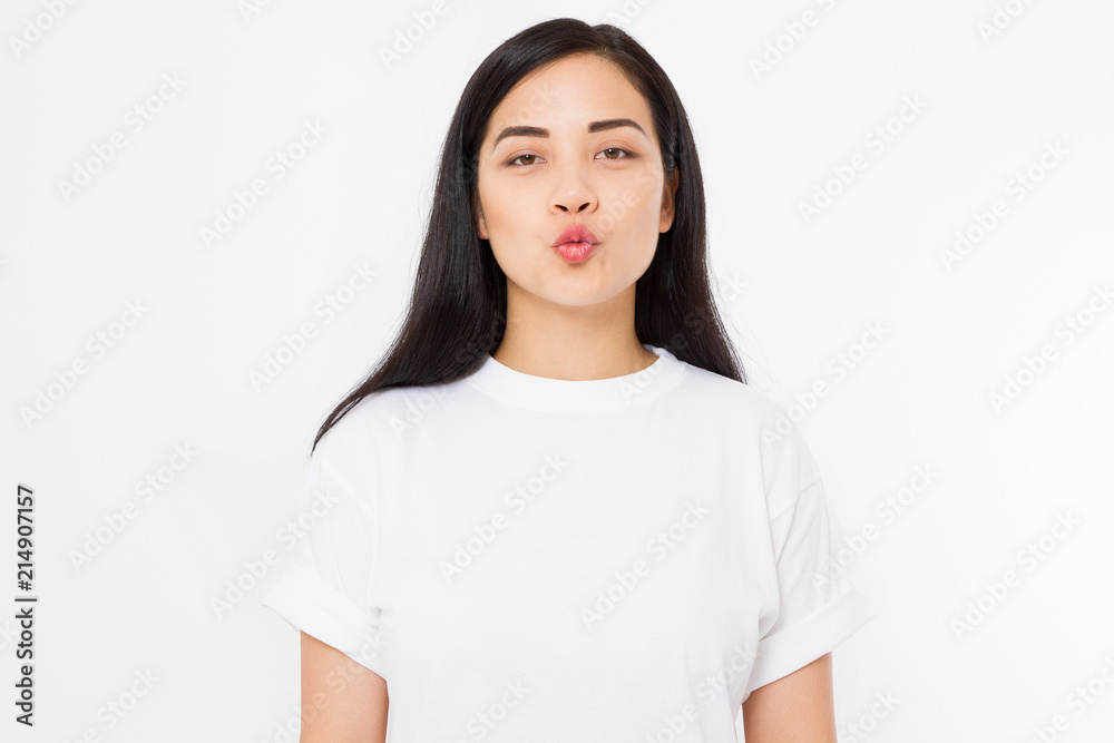 Young asian girl kiss isolated on white background. Copy space. Mock up. Summer woman clothes blank template white t shirt. Skin care Young asian girl kiss isolated on white background. Copy space. Mock up. Summer woman clothes blank template white t shirt. Skin care