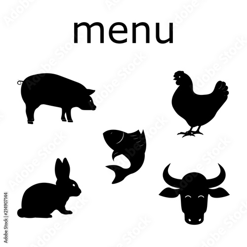 Silhouette of rabbit, pig, cow, fish, chicken. Restaurant menu.