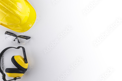 Earmuffs, Safety Goggles, and Hard Hat with Copy Space photo