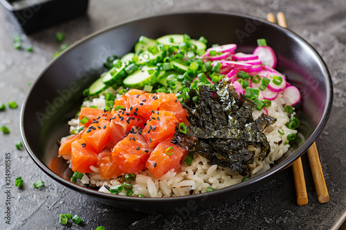 Принти на полотні Hawaiian salmon fish poke bowl with rice, radish,cucumber, tomato, sesame seeds and seaweeds
