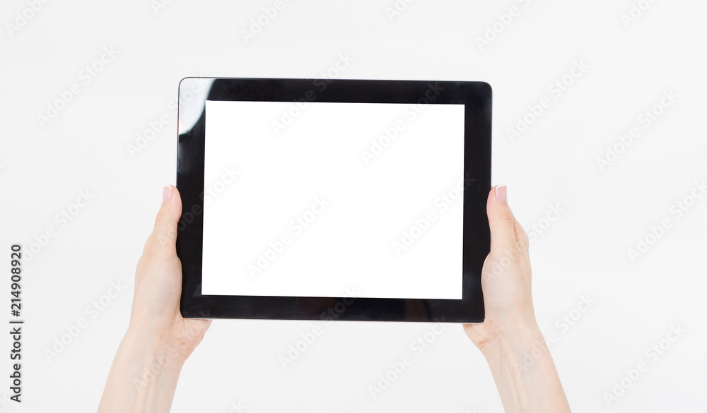 Hand holding black tablet isolated on white clipping path inside. Top view.Mock up.Copy space.Template.Blank. Hand holding black tablet isolated on white clipping path inside. Top view.Mock up.Copy space.Template.Blank.