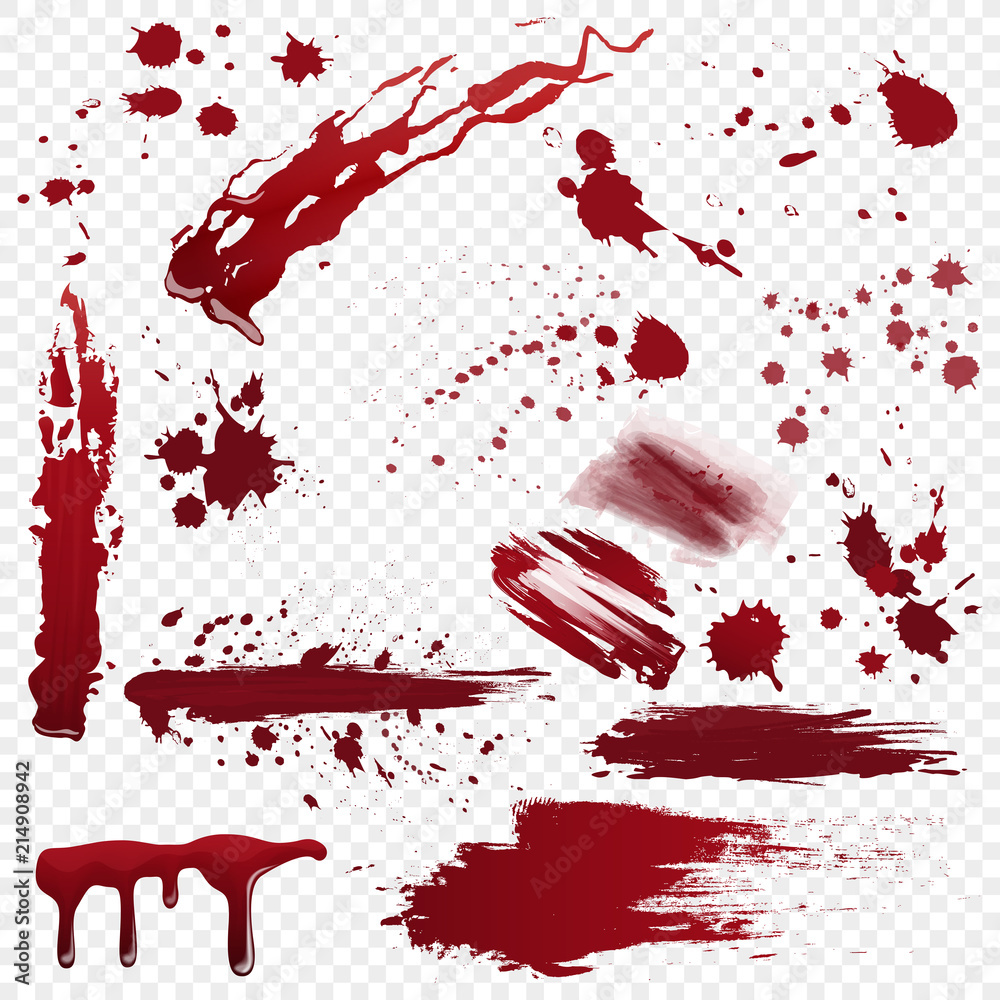 Set of vector various realistic detailed bloodstain, blood or paint splatters isolated on the alpha transperant background.
