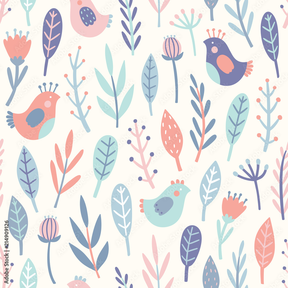 Obraz premium Cute birds and plants. Vector hand drawn seamless pattern. Perfect for textile design