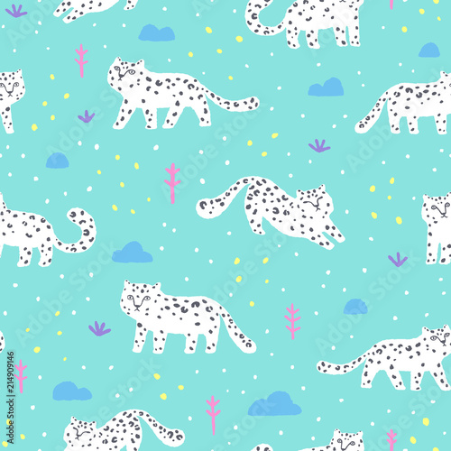 Cute funny snow leopard seamless pattern. Vector hand drawn illustration