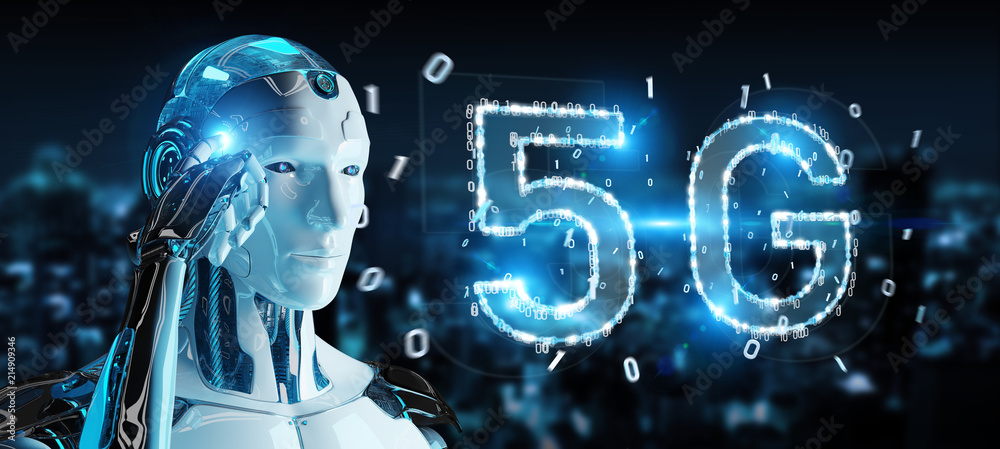 White cyborg using 5G network digital hologram 3D rendering White cyborg using 5G network digital hologram 3D rendering