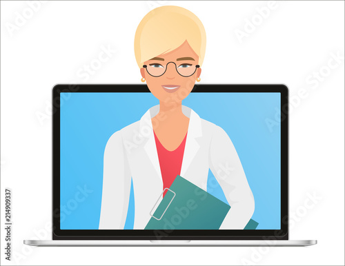 Vector Female woman Doctor with online medical consultation concept, Healthcare services. Ask a doctor online by laptop computer.