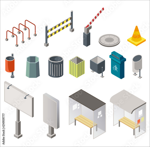 Isometric design of arranged set with urban trash cans, signboards with bus stops, restriction signs isolated on white background.