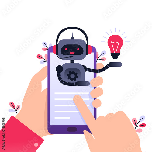 Chatbot business concept. Modern banner for the site. Chatbot, artificial intelligence, customer support, hotline with bot. Ultra violet flat vector illustration with hands holding smartphone