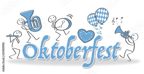 Schriftzug "Oktoberfest" mit Blaskapelle, Lebkuchenherz und Luftballons