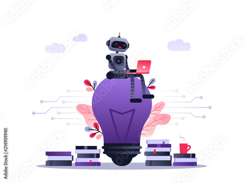 Machine learning algorithm concept with artificial neural network, deep learning. Robot with laptop sitting on big light bulb with stack of books and flowers. Vector ultra violet concept illustration