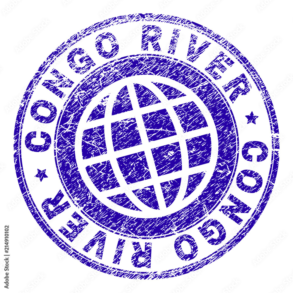 CONGO RIVER stamp print with distress texture. Blue vector rubber seal print of CONGO RIVER label with dust texture. Seal has words placed by circle and globe symbol. CONGO RIVER stamp print with distress texture. Blue vector rubber seal print of CONGO RIVER label with dust texture. Seal has words placed by circle and globe symbol.
