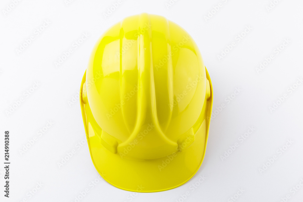 Fototapeta premium Yellow Hard Hat Flat Lay Centered on White Background