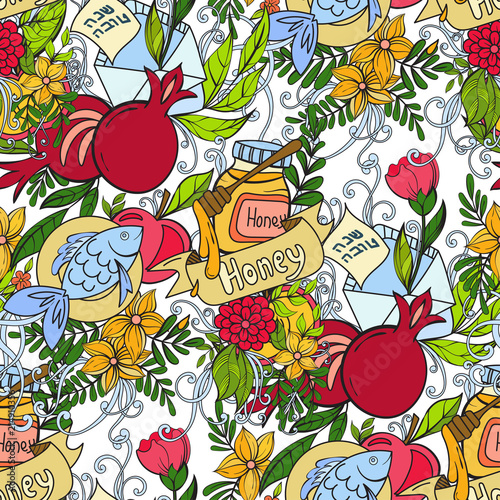 Rosh Hashanah Jewish New Year seamless pattern with apples, pomegranates, honey and greeting cards. Colorful background. Vector illustration. Hebrew text 