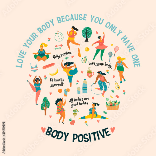 Body positive. Happy plus size girls and active healthy lifestyle.