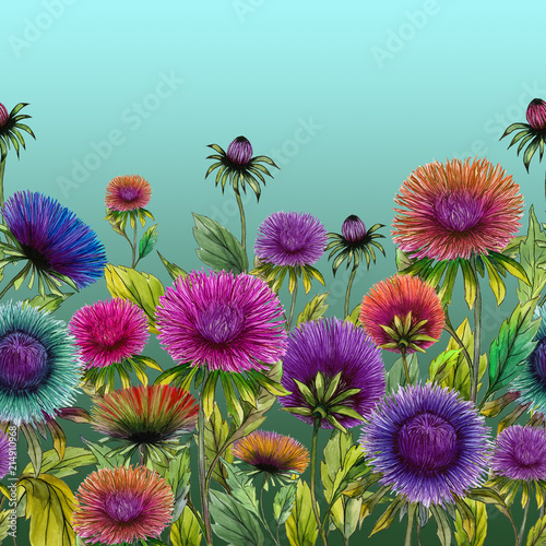 Beautiful colorful aster flowers with green leaves on blue background. Seamle...