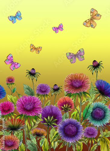 Beautiful colorful aster flowers and bright butterflies on yellow background....