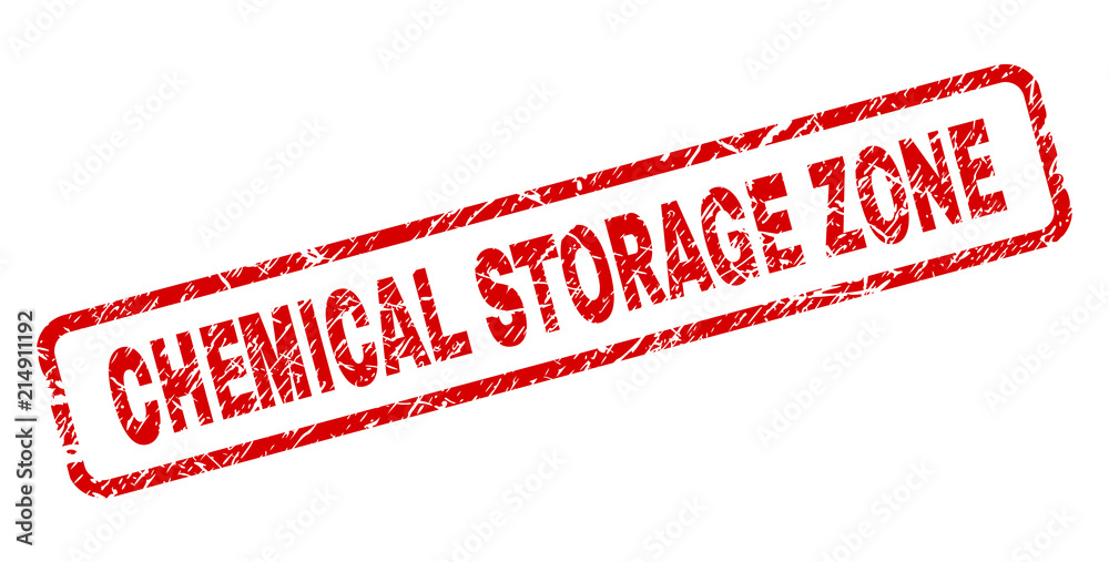 CHEMICAL STORAGE ZONE stamp seal print with grunge style. Red vector rubber print of CHEMICAL STORAGE ZONE label with dirty texture. Text label is placed inside rounded rectangle frame.