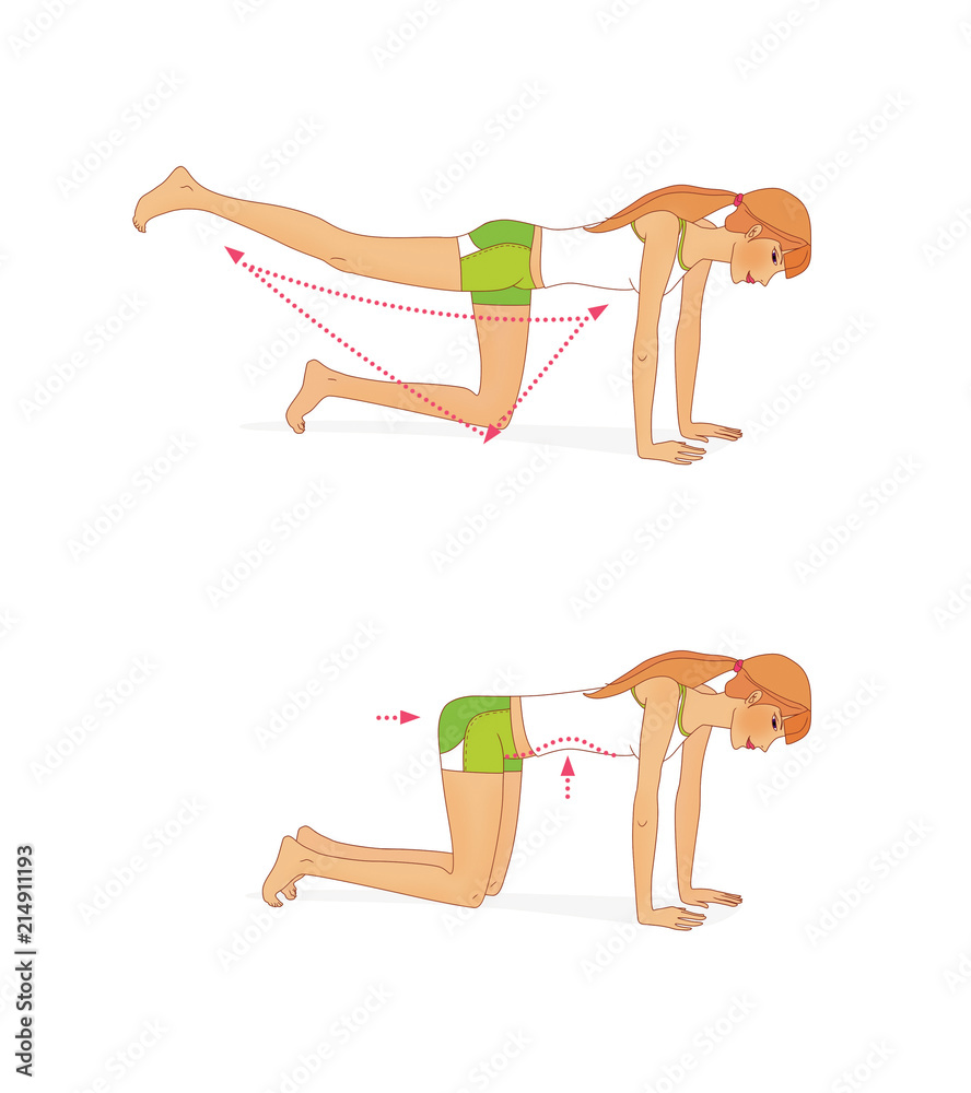Set of exercises to strengthen the abdominals and muscles of the buttocks. Isolated on white background