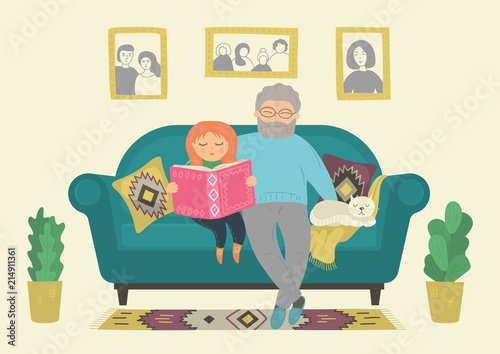 Happy grandfather with granddaughter reading book. Senior man and kid sitting on sofa at home. Heartwarming grand-parenting concept. Original vector illustration.