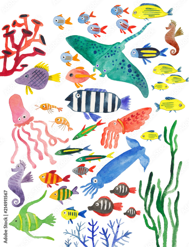 Fototapeta premium watercolor collection of sea fish. Underwater world, fish, sharks, stingrays, corals