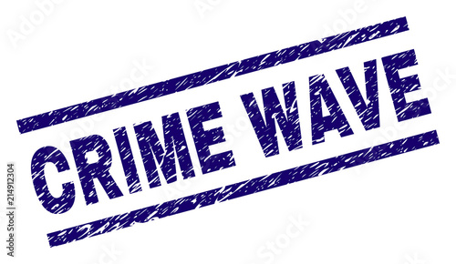 CRIME WAVE seal imprint with grunge style. Blue vector rubber print of CRIME WAVE title with dirty texture. Text title is placed between parallel lines.