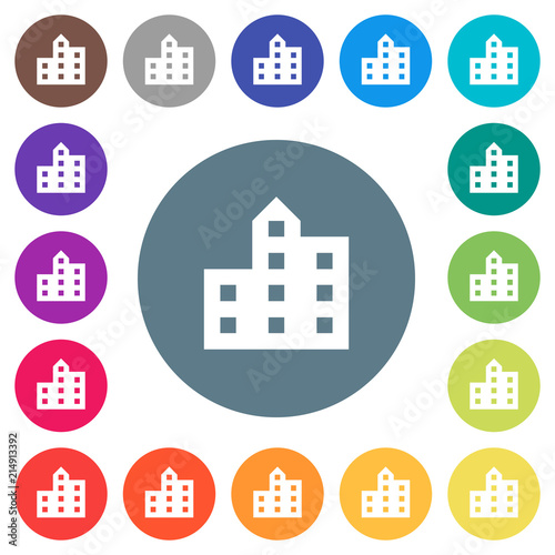 City silhouette flat white icons on round color backgrounds