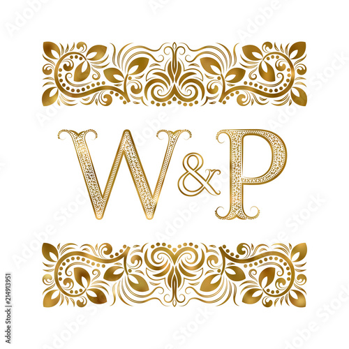 W and P vintage initials logo symbol. The letters are surrounded by ornamental elements. Wedding or business partners monogram in royal style.