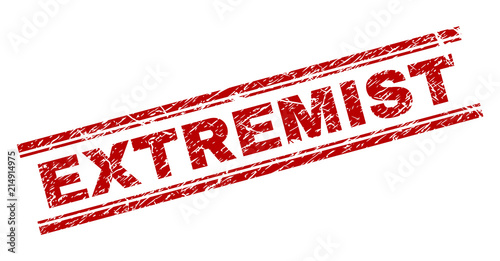 EXTREMIST seal stamp with grunge texture. Red vector rubber print of EXTREMIST text with unclean texture. Text title is placed between double parallel lines.
