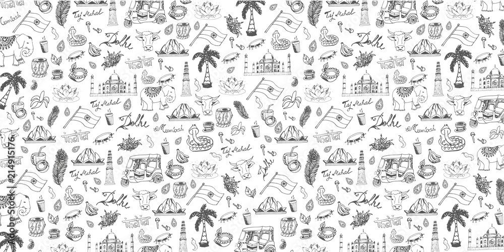 Travel to India. Indian Hand drawn doodles on background. Vector illustration.