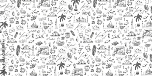 Travel to India. Indian Hand drawn doodles on background. Vector illustration.