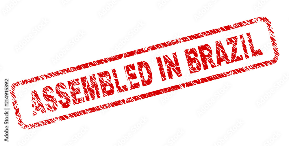 ASSEMBLED IN BRAZIL stamp seal print with grunge style. Red vector rubber print of ASSEMBLED IN BRAZIL text with corroded texture. Text label is placed inside rounded rectangle frame. ASSEMBLED IN BRAZIL stamp seal print with grunge style. Red vector rubber print of ASSEMBLED IN BRAZIL text with corroded texture. Text label is placed inside rounded rectangle frame.