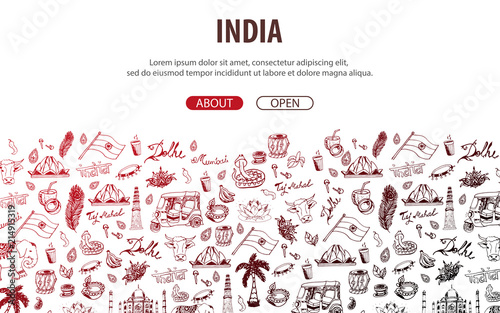 Travel to India. Indian Hand drawn doodles on background. Vector illustration.