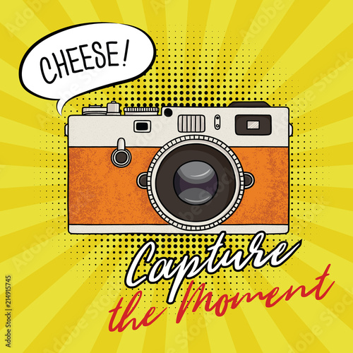 Vector illustration of a retro photo camera in a pop art style. Vintage photo camera icon. Capture the moment text.