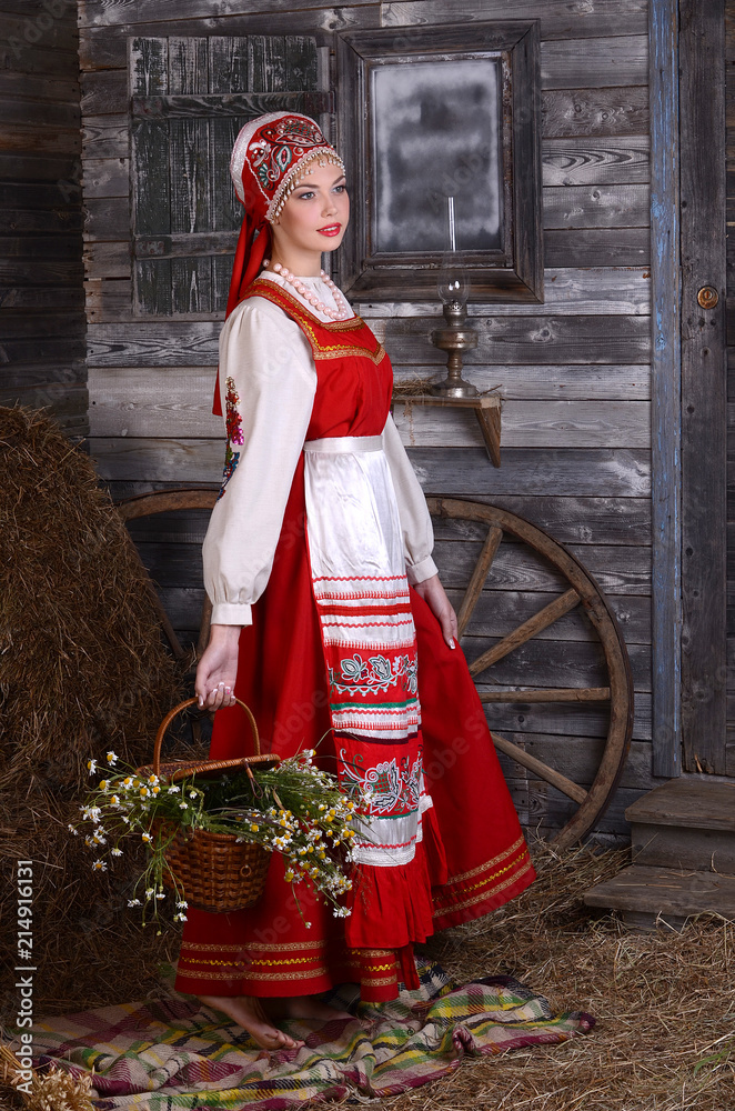 Beautiful woman portrait in russian style. Beautiful Russian girl in  traditional dress. Russian style. Stock Photo | Adobe Stock
