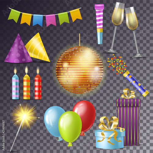 Birthday party vector cartoon happy birth celebration with gifts or balloons ...