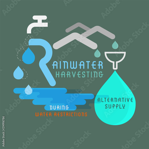 Rainwater harvesting typographic design with outline flat graphic symbols. Vector illustration.
