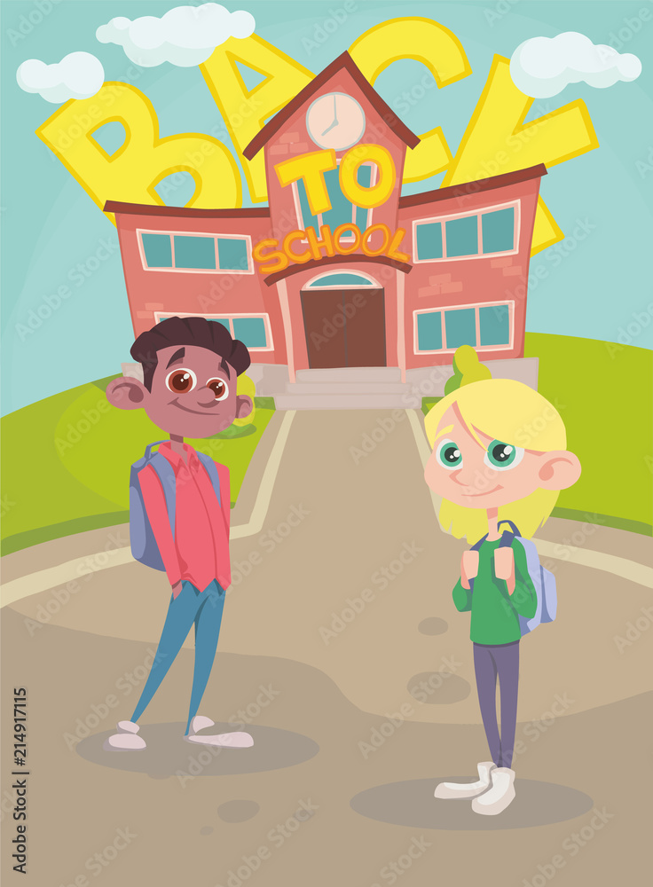 set of student students. Black boy and blonde girl. Background back to school