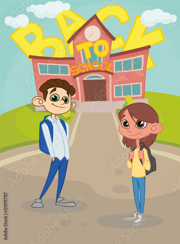 set of student students. girl and boy in jeans and backpacks. Background back to school