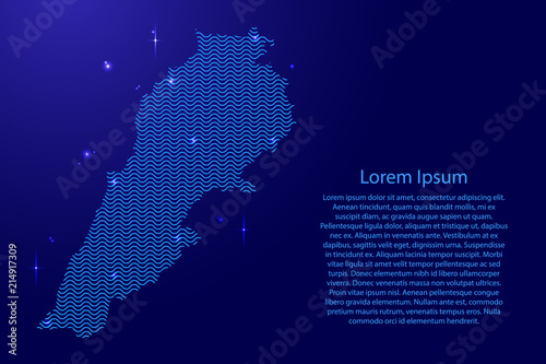 Lebanon map country abstract silhouette from wavy blue space sinusoid lines and glowing stars. Contour state of creative luminescence curve. Vector illustration.