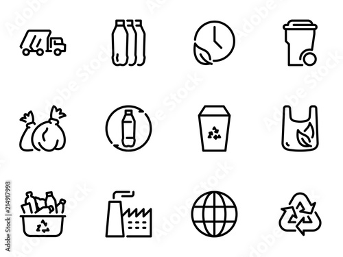 Set of black vector icons, isolated on white background, on theme Recycling and recycling of plastic waste