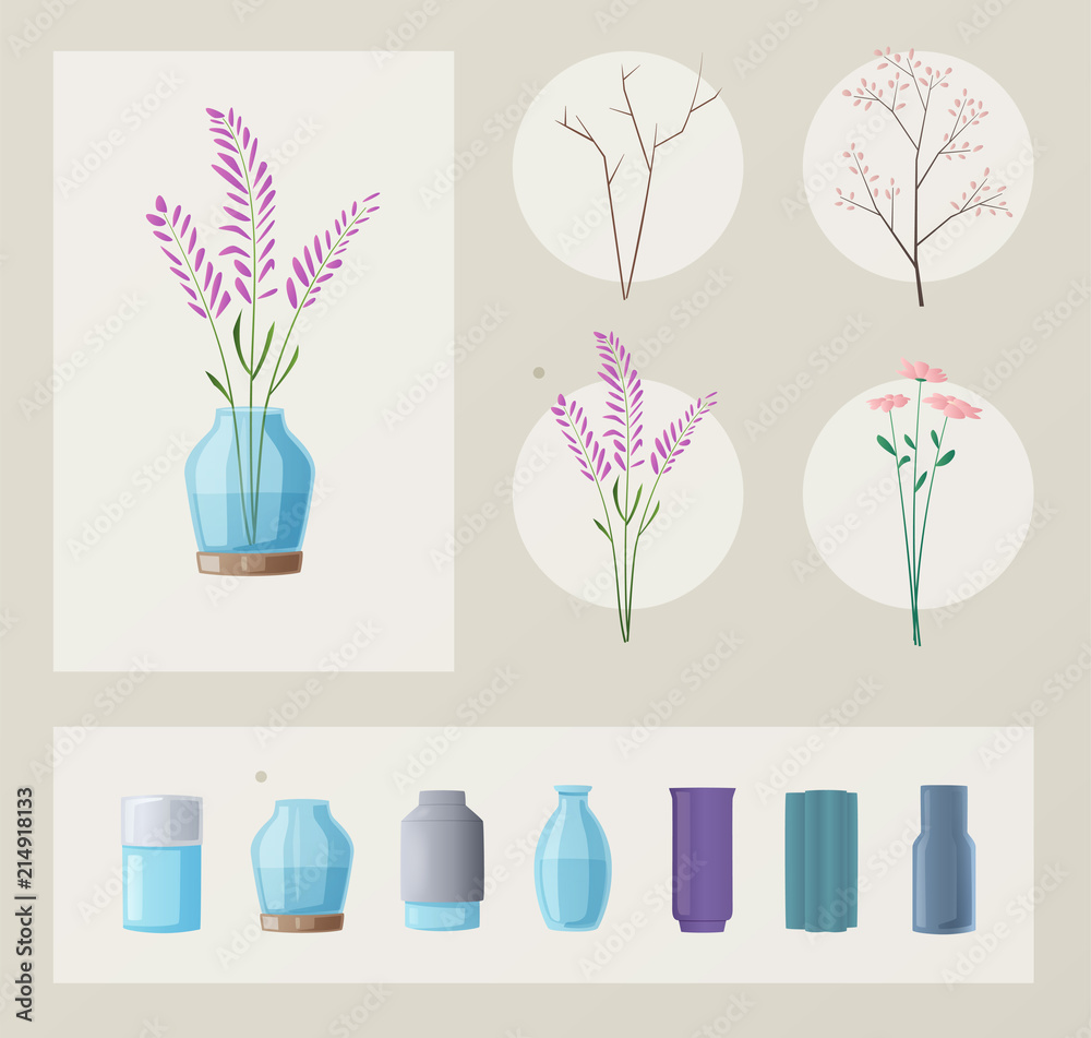 Set of flowers and vases. Cartoon vector illustration. Green home Set of flowers and vases. Cartoon vector illustration. Green home