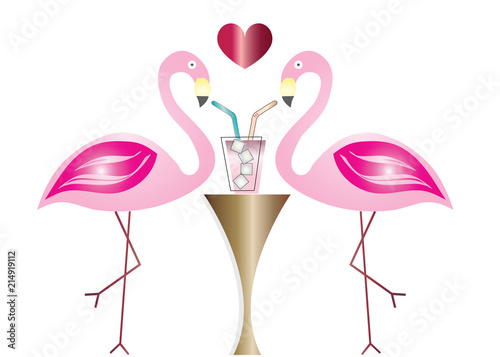 two flamingos in love drinking cocktail vector - summer illustration © photo_stella