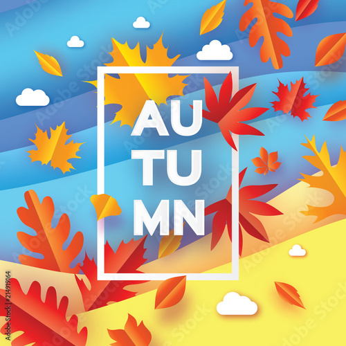 Beautiful Autumn in paper cut style. Origami leaves. Hello Autumn. September. October. Rectangle frame for text. Origami Foliage. Maple, oak. Fall. Poster template Cloud