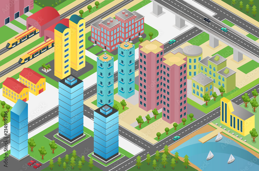 Isometric design of city district with residential buildings and facilities on map.
