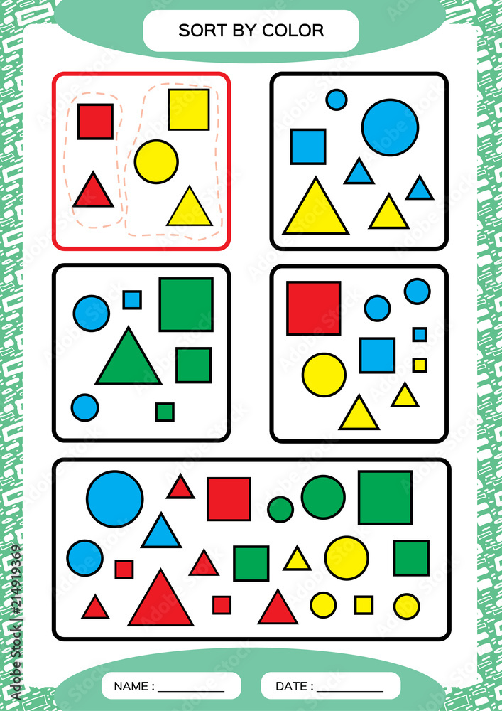 sort by color sorting game group by color green red yellow blue special sorter for preschool kids worksheet for practicing fine motor skills improving skills tasks a4 blue stock vector adobe stock