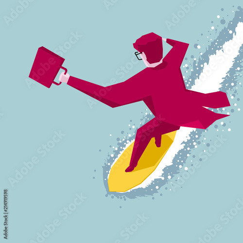 Businessman surfing. Businessman in a red suit,the background is blue.