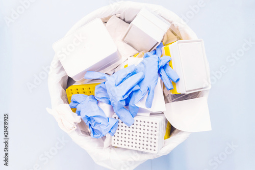 Danger laboratory chemical and medical waste. Plastic waste and ecology