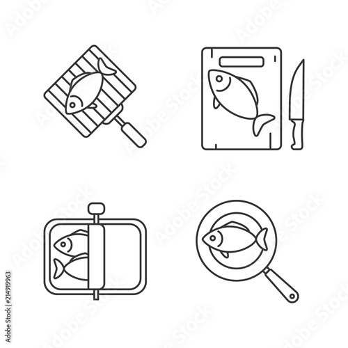 Fish preparation linear icons set