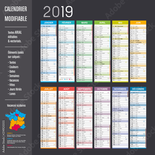 Calendrier 2019 modifiable (éléments isolés sur calques, textes en ARIAL éditables et vectorisés)