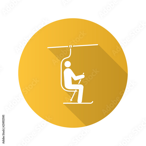 Ski chairlift with skier flat design long shadow glyph icon
